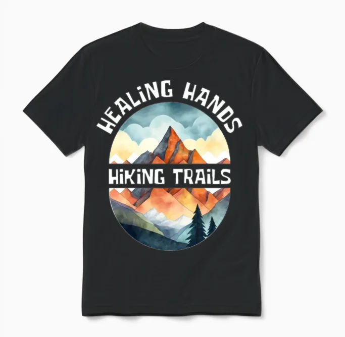 Healing Hands, Hiking Trails Unisex T-Shirt in Black