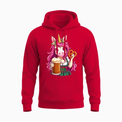 German Drindl Unicorn Beer Pretzel Oktoberfest Party T-Shirt, Black, S Unisex Hoodie - Red