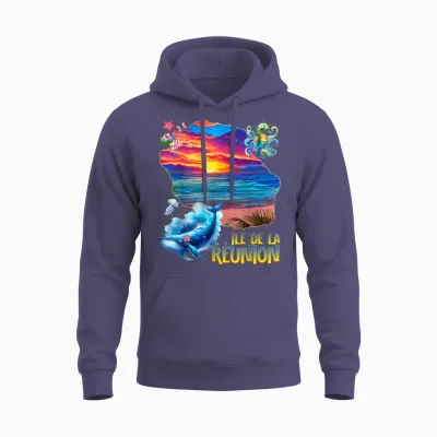 Reunion Island Sunset Sea Blue Whale Jellyfish T-Shirt, Black, S Unisex Hoodie - Heather Sport Dark Navy