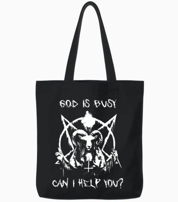 God Is Busy Can I Helo You Viking Tote Bags in Black