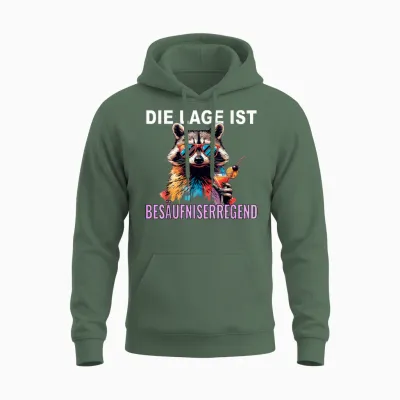 T-Shirt with German Text "die Lage Ist Besäufniserregend Raccoon, Black, S Unisex Hoodie - Military Green
