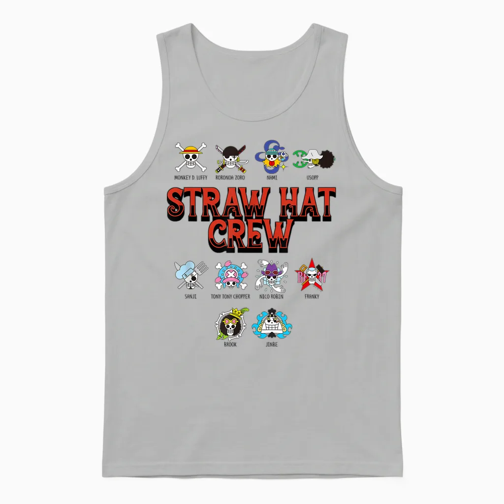 One Piece Anime Straw Hat Crew Jolly Roger Logos Unisex Tank Top in Ash