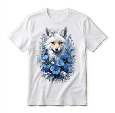Beautiful Blue Fox Flower Design . Cute Fox Unisex T-Shirt - White