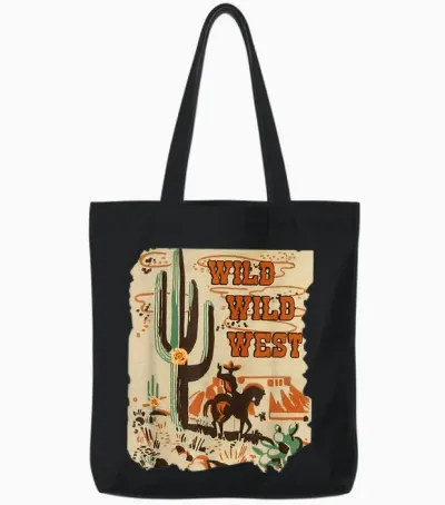 Wild Wild West Western Life Southwest Desert Vibes Cactus Tote Bags - Black