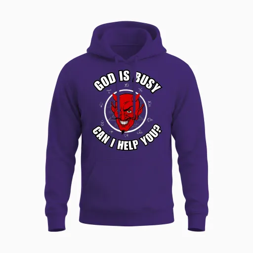 God Is Busy Can I Help - Devil Dark Humour Fun Occult Horror Unisex Hoodie - Purple
