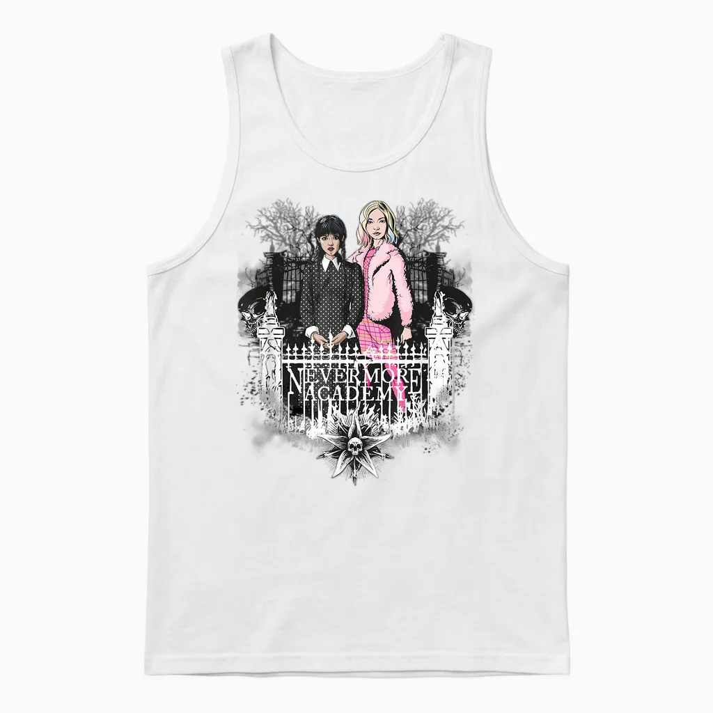 Wednesday Nevermore Academy Wednesday & Enid Unisex Tank Top in White