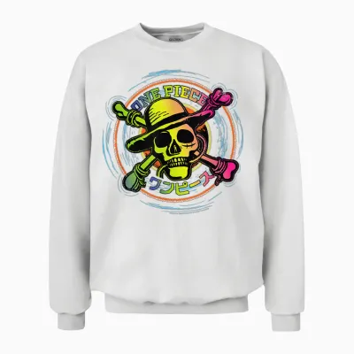 Straw Hat One Piece Anime Pirates Color Logo Kanji T-Shirt, Black, S Unisex Sweatshirt - White