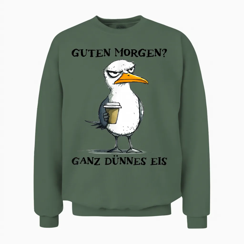 Guten Morgen Ganz Dünnes Eis Funny Morgenmuffel Seagull T-Shirt, White Unisex Sweatshirt in Military Green