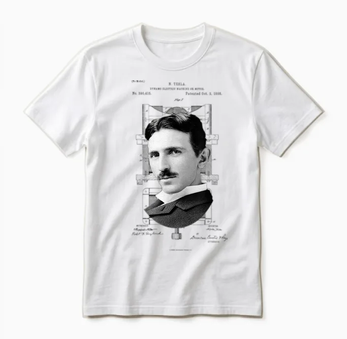 Miss Whimsy Nikola Tesla Photo Patent T-Shirt T-Shirt, Unisex-Erwachsene, Grey, S Unisex T-Shirt in White