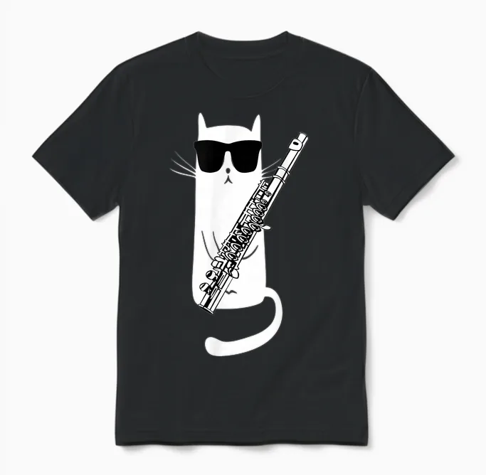 Funny Cat Wearing Sunglasses Playing Flute T-Shirt Small Unisex T-Shirt in Black