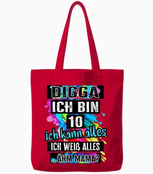 10th Birthday Girl Boy Digga I Am 10 Years T-Shirt, White Tote Bags - Red