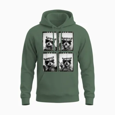 Lustiger Waschbär Photobooth Retro Film Strip Sonnenbrille Meme Unisex Hoodie - Military Green