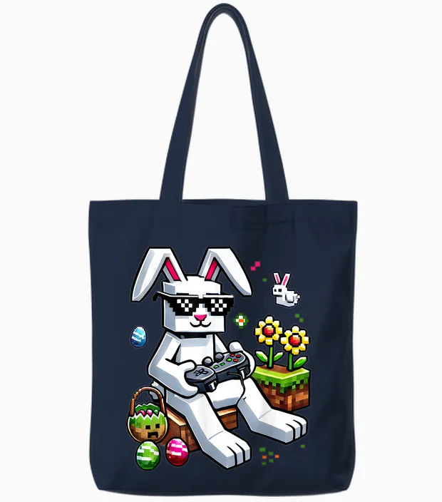 Boys Happy Easter Day Bunny Egg Video Game Kids Mens Gamer Tote Bags in Navy
