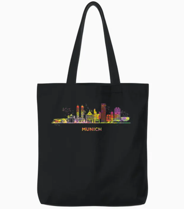 Munich Skyline Colourful Frauenkirche Cityscape Munich T-Shirt, Black Tote Bags in Black
