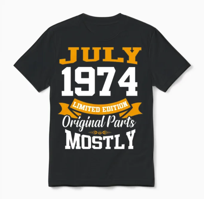 July 1974 Vintage Birthday Present Unisex T-Shirt in Black