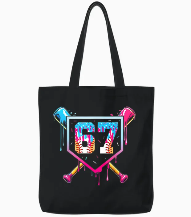 Baseball Ice Cream Drip Number 67 Player 67th Birthday Tote Bags in Black