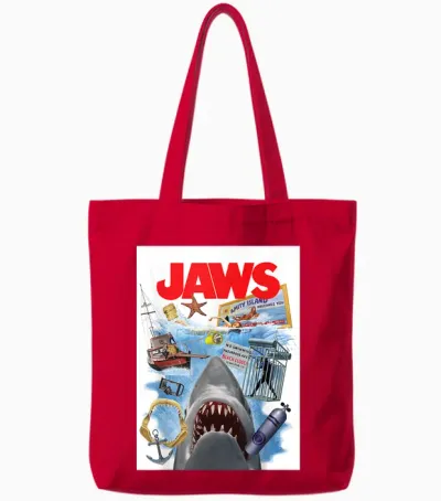 Jaws 50th Anniversary Poster Amity Island Collage 2-Sided Tote Bags - Red