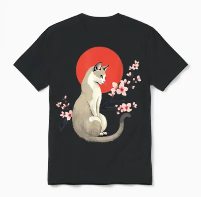 Japanese Aesthetic Cat with Cherry Blossoms Sakura T-Shirt, Blue, S Unisex T-Shirt - Black