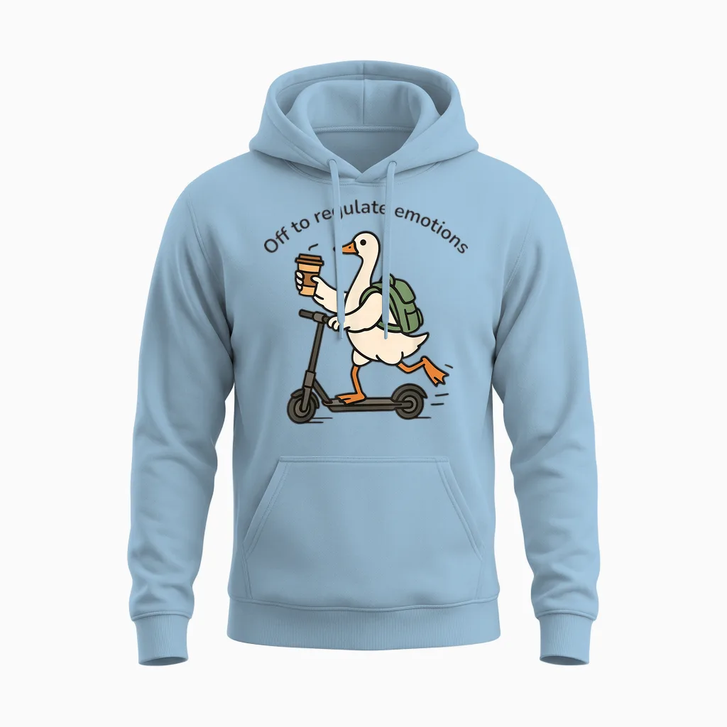 Off to Regulate Emotions Funny Goose on Scooter Unisex Hoodie in Light Blue