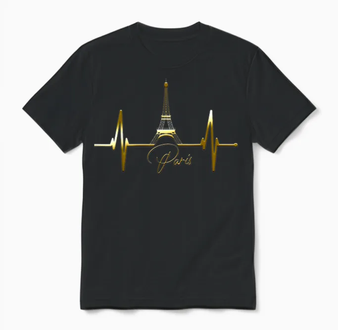 Paris Skyline Heartbeat I Love Eiffel Tower Love France T-Shirt, Black Unisex T-Shirt in Black