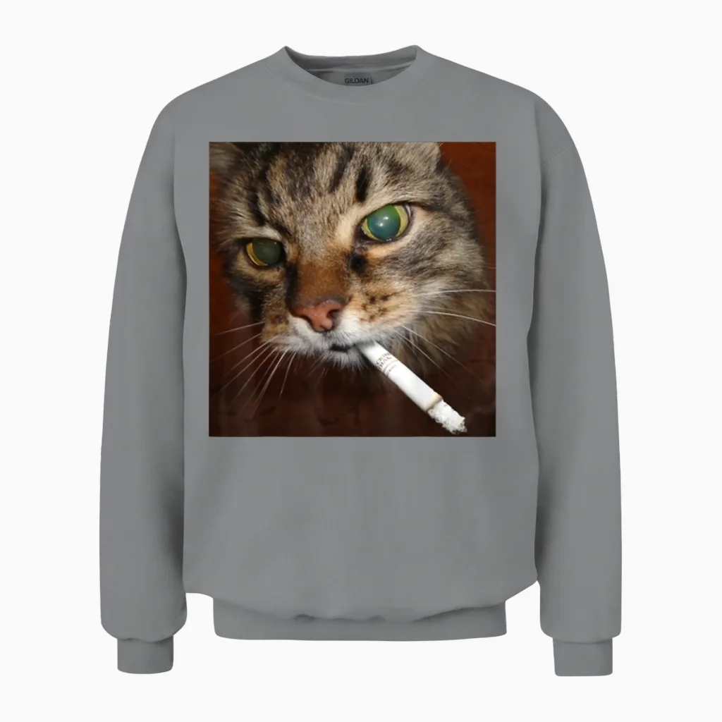 Cat Meme Cat Smoking Cigarette Unisex Sweatshirt in Sport Grey