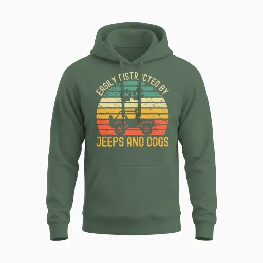 Easily Distracted by Jeeps and Dogs Vintage Jeeps Unisex Hoodie in Military Green