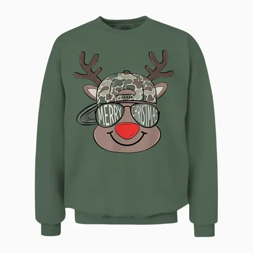 Kids Christmas Camo Boys Reindeer Camo Merry Xmas Unisex Sweatshirt - Military Green