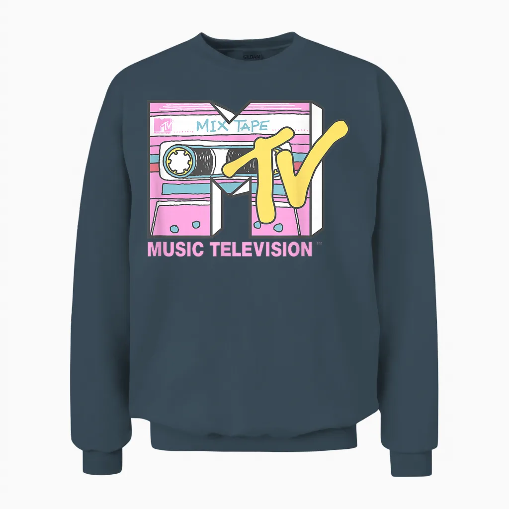 Mtv Retro Neon Mix Tape Vintage Cassette Sketch Logo T-Shirt, Black, S Unisex Sweatshirt in Dark Heather