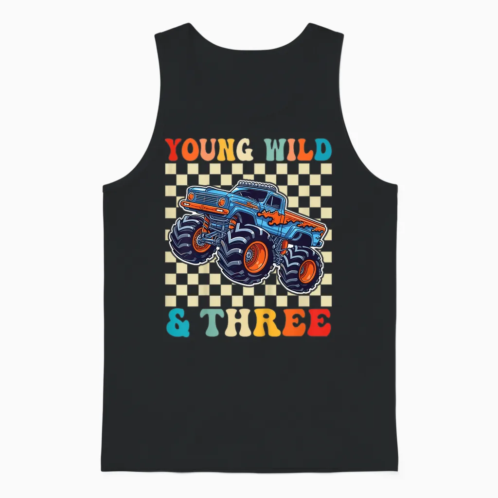 3rd Birthday Monster Truck Young Wild and Three 3 Year Old Unisex Tank Top in Black