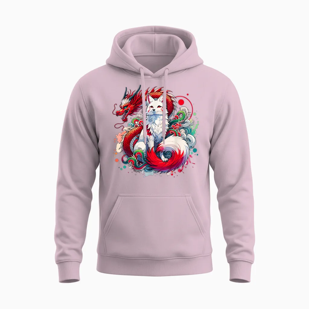 Dragon Kitsune Japanese Fox Nine-Tailed T-Shirt, Black, S Unisex Hoodie in Light Pink