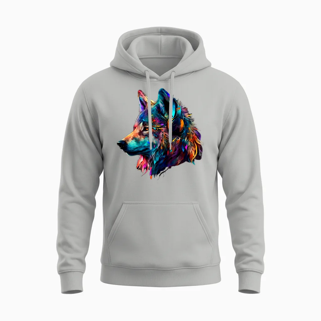Bunter Wolf Mit Kopfhörern, Musikgrafik, Herren, Damen, Kinder Langarmshirt Unisex Hoodie in Ash