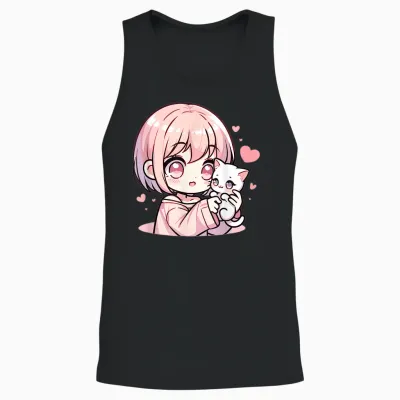 Anime Girl with Cat | Manga for Girls & Kawaii Cute Kitten T-Shirt, Black Unisex Tank Top - Black