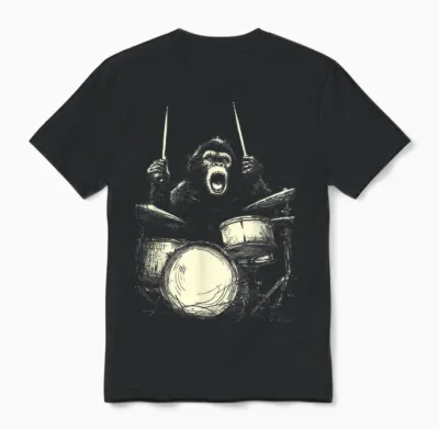 Chimp Playing Drums Funny Music Animal Drummer Unisex T-Shirt - Black