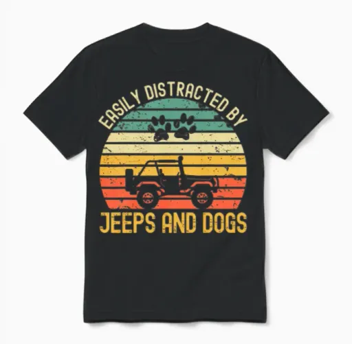 Easily Distracted by Jeeps and Dogs Vintage Jeeps Unisex T-Shirt in Black