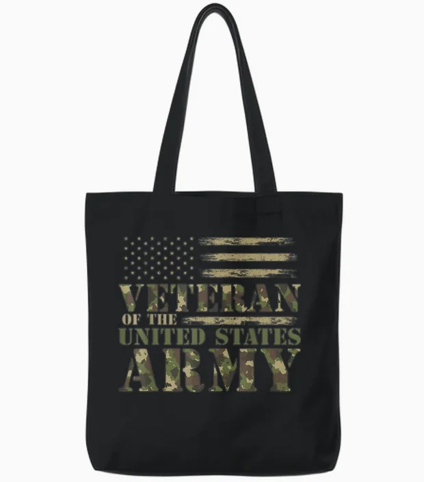 Veteran of the United States Army Camouflage Us Flag Veteran Tote Bags in Black