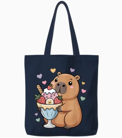 Capybara Cartoon with Ice Cup Shaped Water Pig Tote Bags - Navy