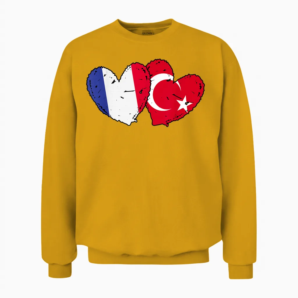Flag of France Turkey Heart Türkiye French Turkish Friendship Unisex Sweatshirt in Gold