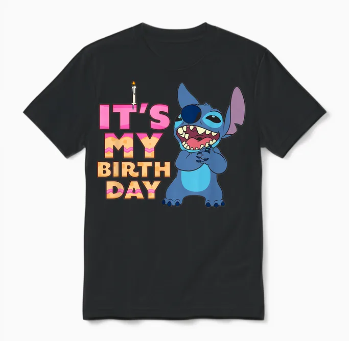 Disney Lilo & Stitch It's My Birthday Happy Retro Text Stack Unisex T-Shirt in Black