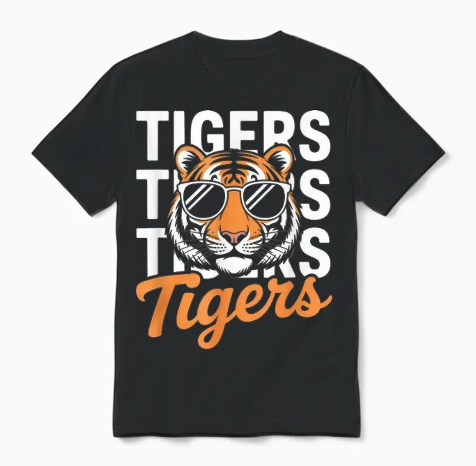 Retro Tigers Shirt Inspirational Athletic Name Design Tigers Unisex T-Shirt in Black