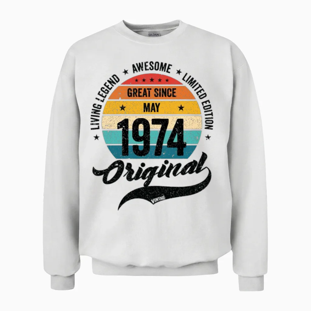 Retro 50 Years May 1974 Birthday Vintage Bday Unisex Sweatshirt in White