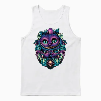 Alice in Wonderland Cheshire Cat All Mad Here T-Shirt, Black Unisex Tank Top - White