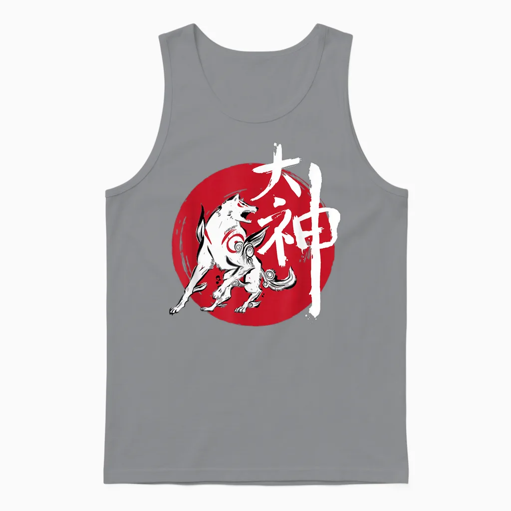 Okami Amaterasu Sun God Wolf the Great Wave Videogame T-Shirt, Black, S Unisex Tank Top in Sport Grey