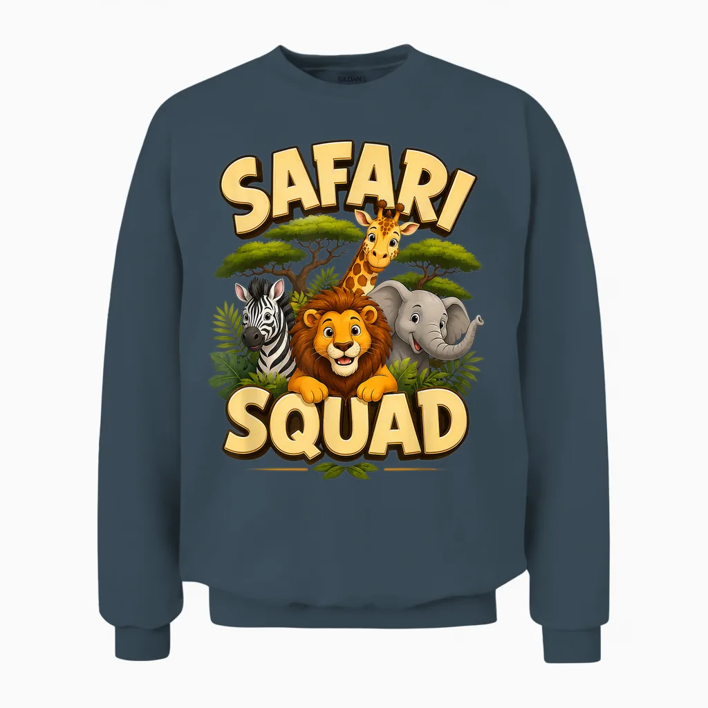 Safari Squad, Cute Crew Drawing with Jungle Animals and Zoo Unisex Sweatshirt in Dark Heather