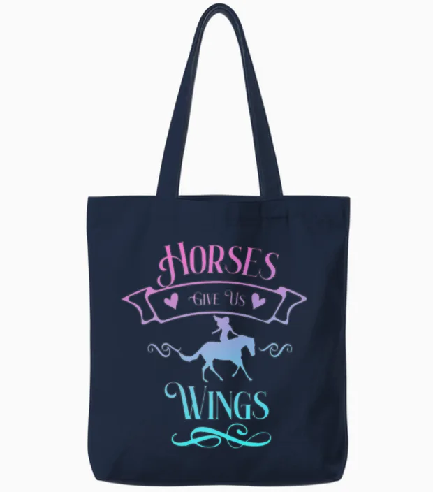Horses Give Us Wings Funny Horse Equestrians Tote Bags in Navy