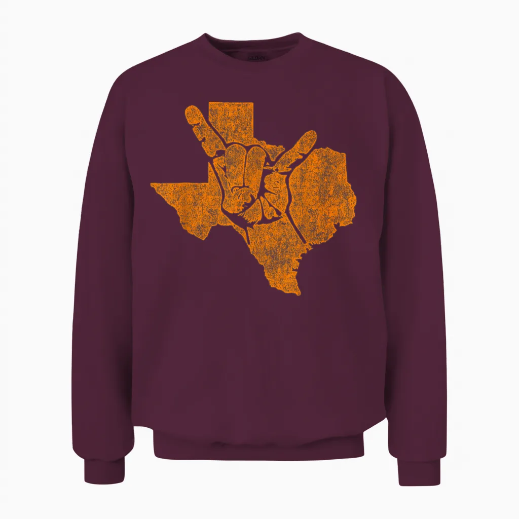 Texas Pride Hook 'em Distressed Men Women Unisex Sweatshirt in Maroon