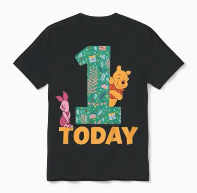 Disney Winnie the Pooh & Piglet Birthday 1 Year Old Today Unisex T-Shirt - Black