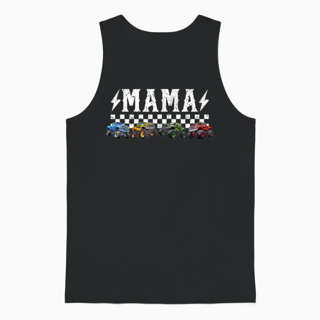 Mama Retro Monster Truck Family Crew Birthday Matching Unisex Tank Top in Black