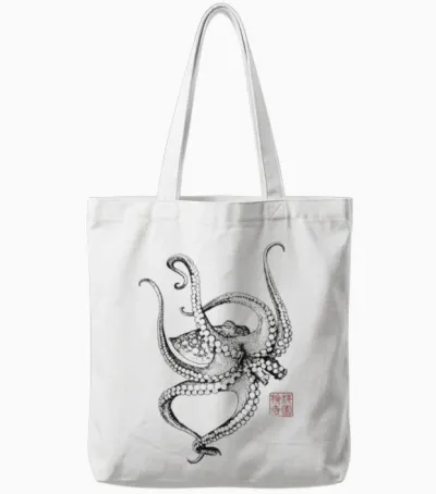 Japanische ästhetische Vintage Kraken Octopus Tote Bags - White