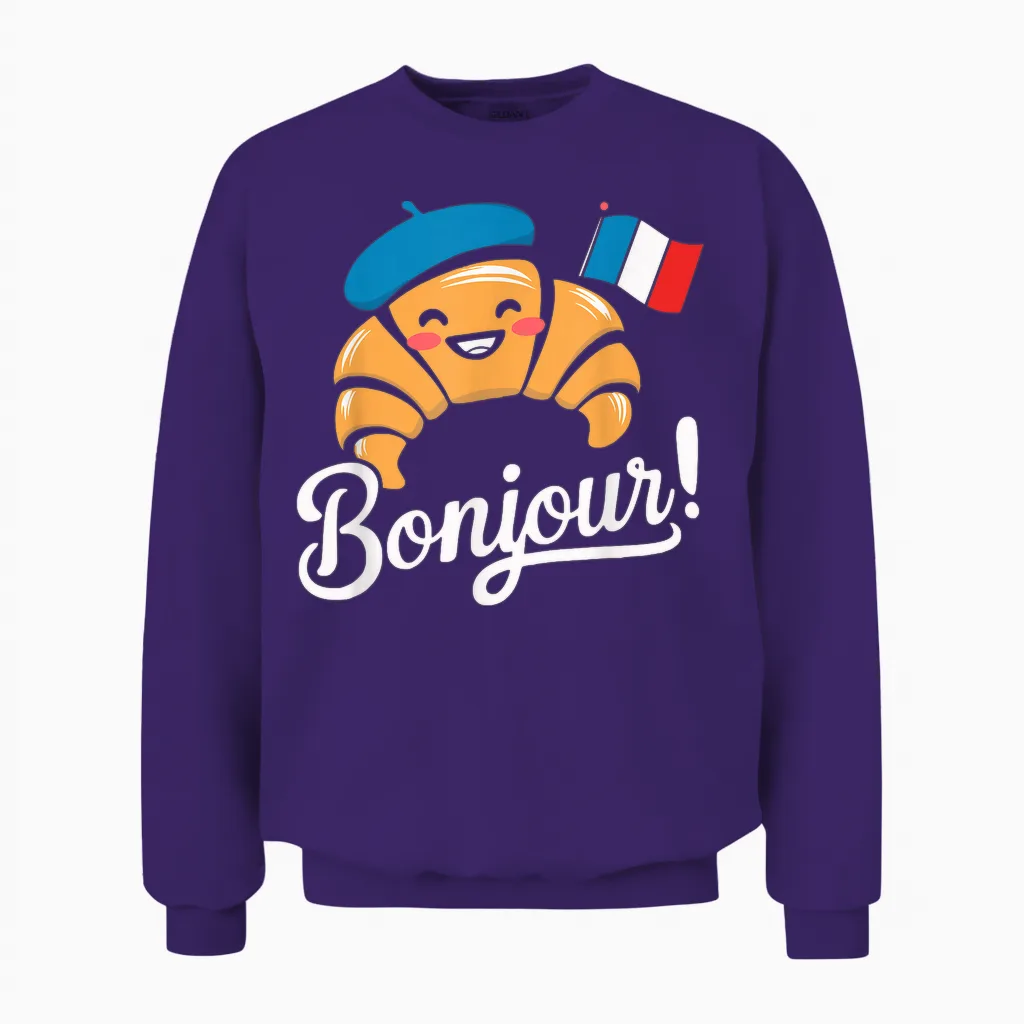 France Baking Breakfast Funny Croissant French Saying Quote T-Shirt, Black Unisex Sweatshirt in Purple