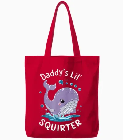 Daddy's Lil' Squirter Humour Sarcastic Whale Marine Love T-Shirt, Black Tote Bags - Red
